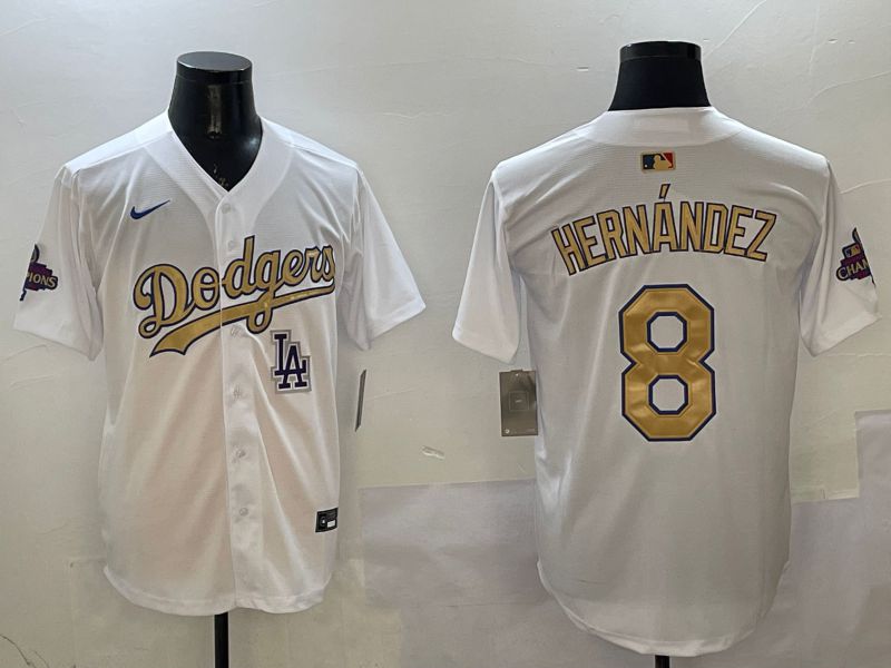 Men Los Angeles Dodgers 8 Hernandez White Champion gold character 2025 Nike MLB Jersey style 13